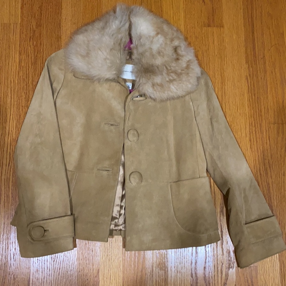 New Banana Republic Camel Leather Suede Removable Fur collar jacket